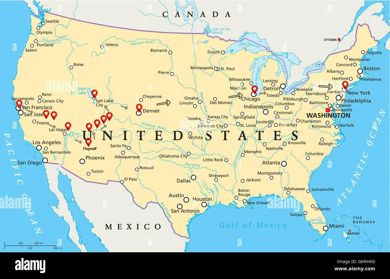 Carte de l’itinéraire du roadtrip Etats-Unis